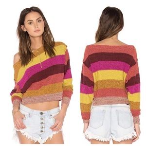 Free People Striped Off-Shoulder Sweater in Mustard, Pink, Rust & Brown